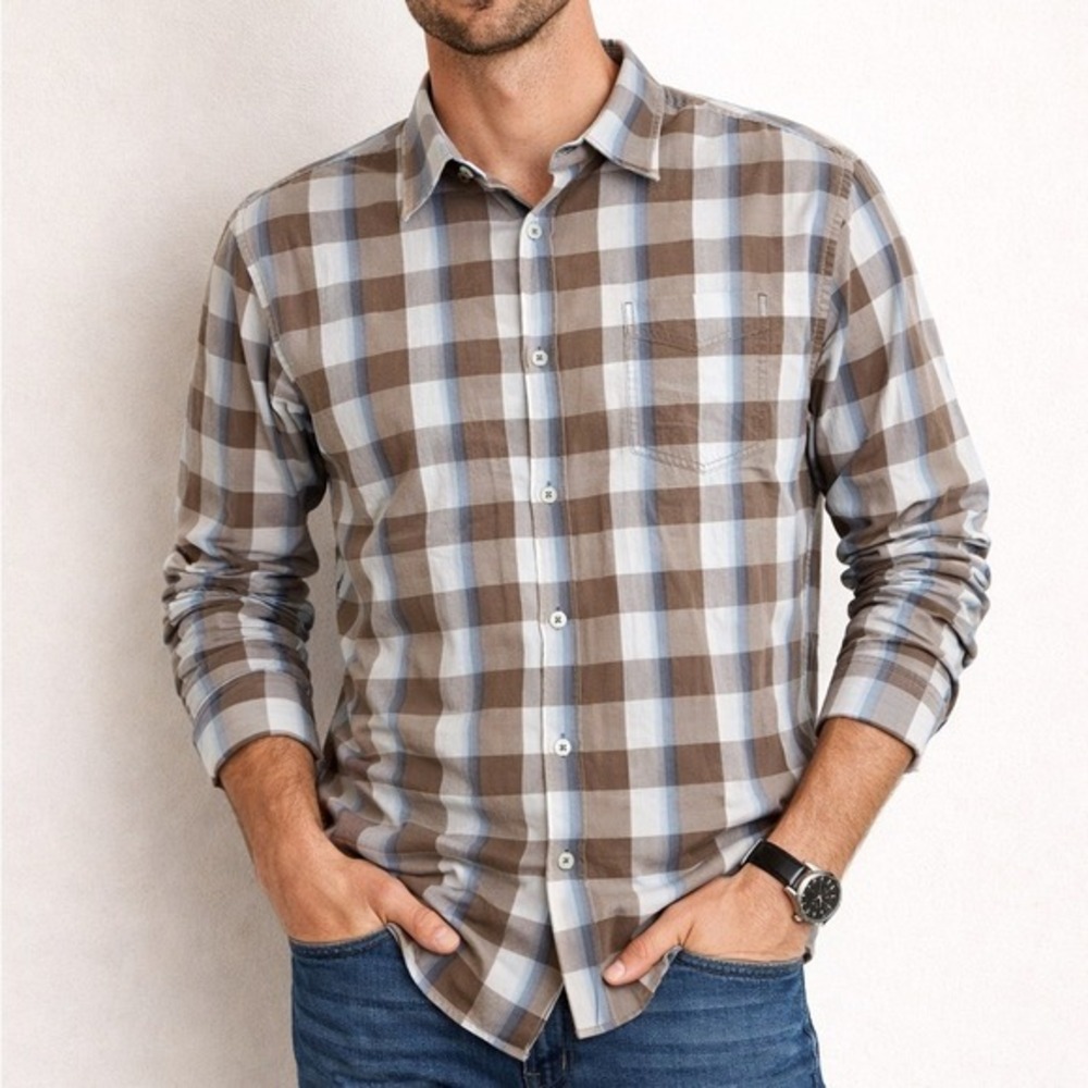 Tommy Bahama Denim Mens Plaid Button Down Shirt Brown Blue Long Sleeve L